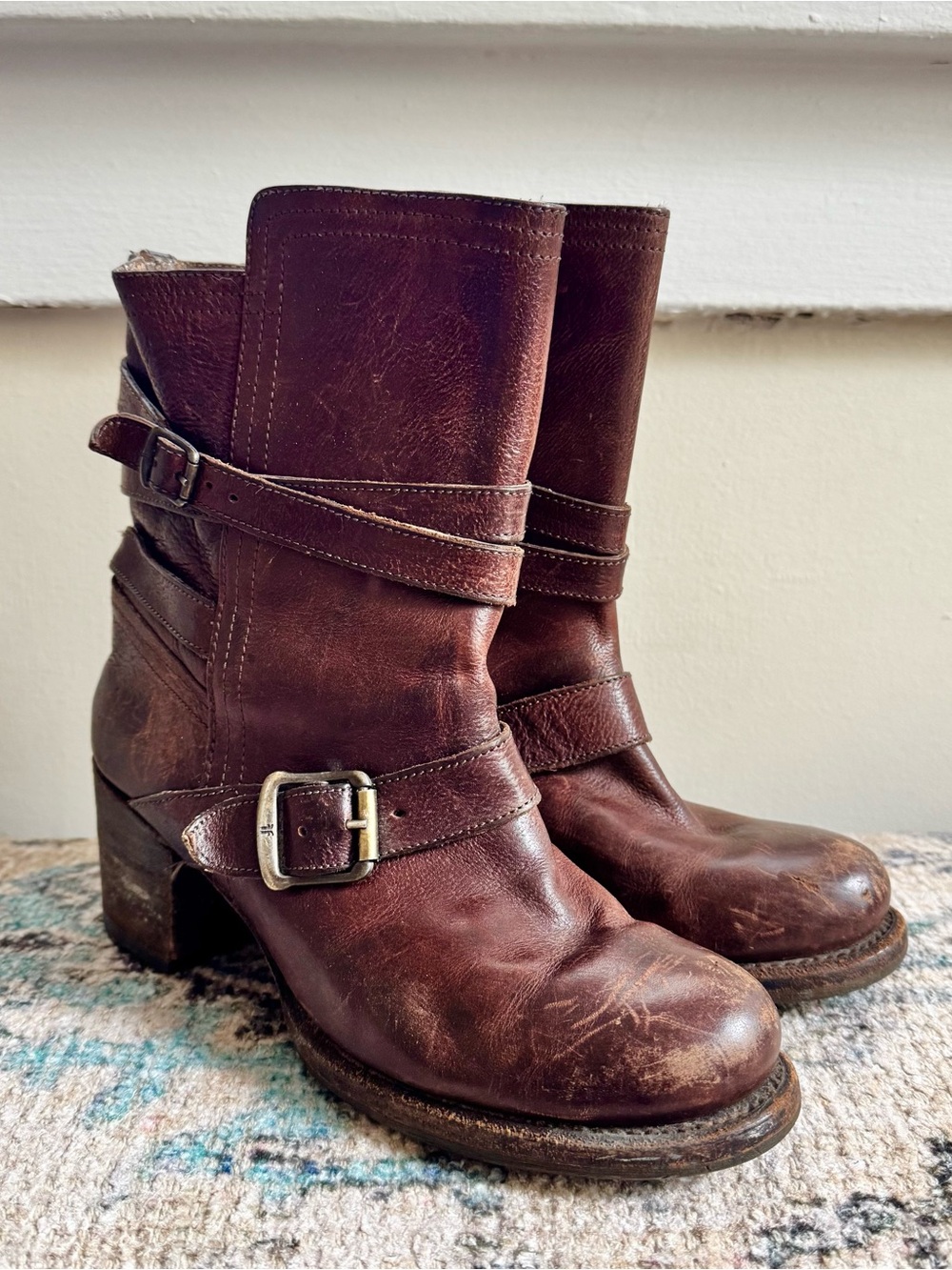 Frye Vera Strappy Engineer Brown Leather Mid-Calf Biker Boots Buckle Strap 7